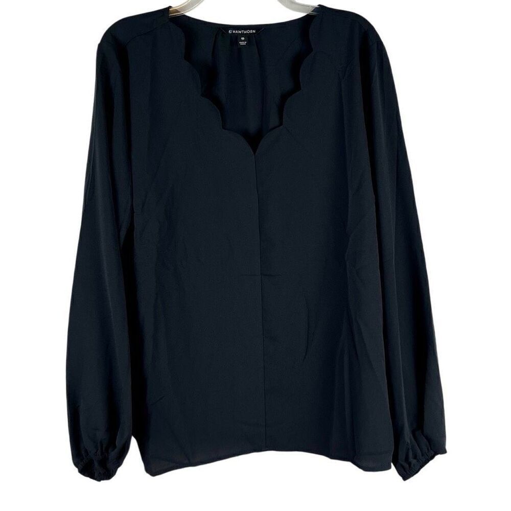 41 Hawthorn Scallop Neck Black Long Sleeve Blouse XXL